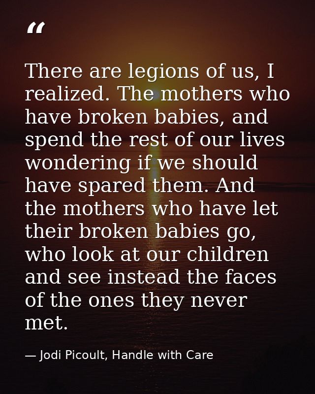 There are legions of us, I realized. The mothers who have broken babies, and spend the rest of our lives wondering if we — Jodi Picoult, Handle with Care