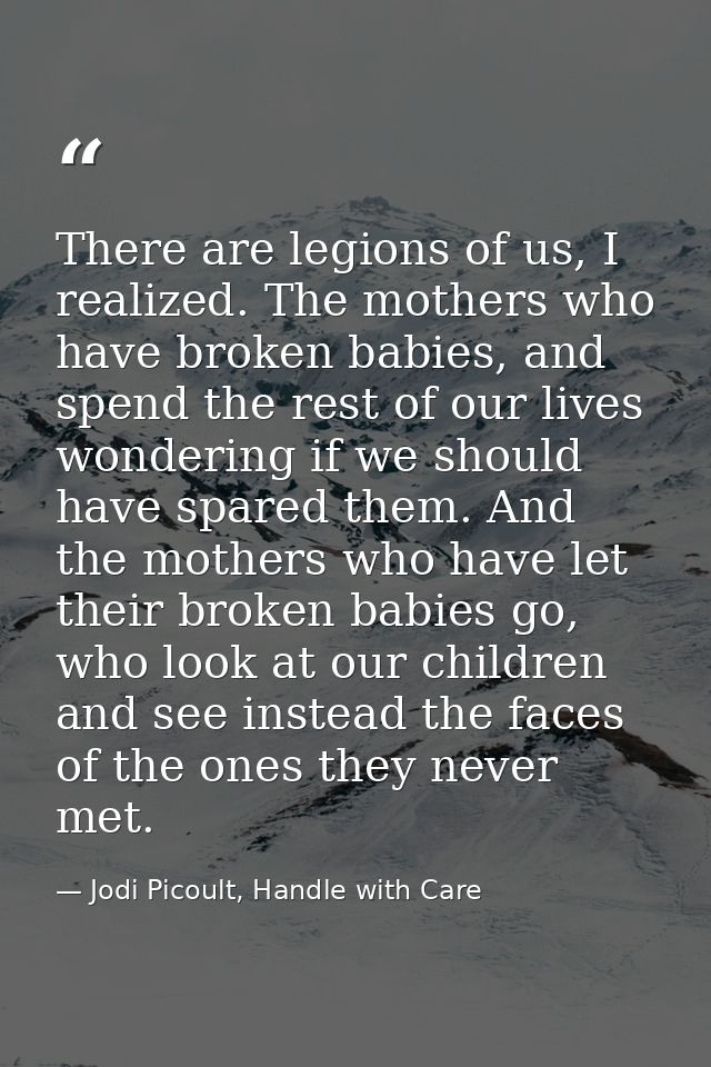 There are legions of us, I realized. The mothers who have broken babies, and spend the rest of our lives wondering if we — Jodi Picoult, Handle with Care