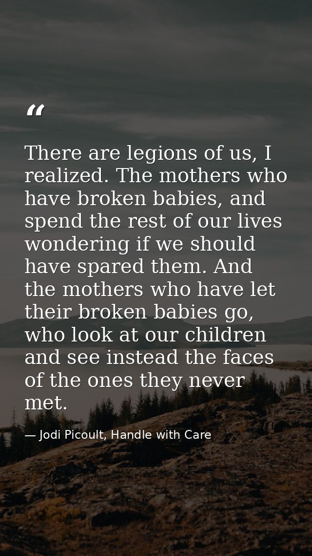 There are legions of us, I realized. The mothers who have broken babies, and spend the rest of our lives wondering if we — Jodi Picoult, Handle with Care