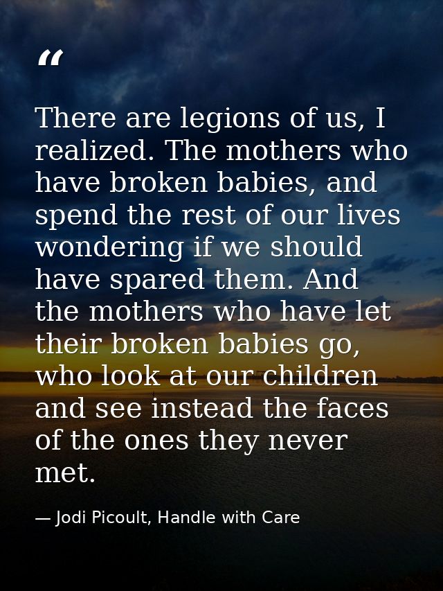 There are legions of us, I realized. The mothers who have broken babies, and spend the rest of our lives wondering if we — Jodi Picoult, Handle with Care