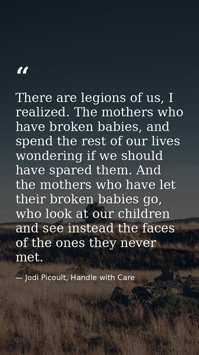 There are legions of us, I realized. The mothers who have broken babies, and spend the rest of our lives wondering if we — Jodi Picoult, Handle with Care