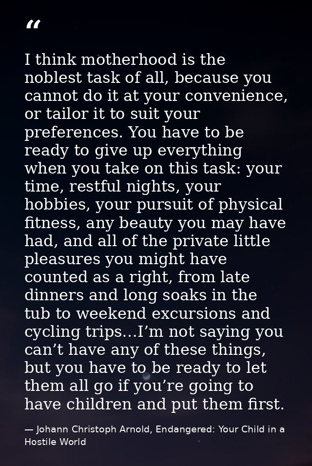I think motherhood is the noblest task of all, because you cannot do it at your convenience, or tailor it to suit your p — Johann Christoph Arnold, Endangered: Your Child in a Hostile World
