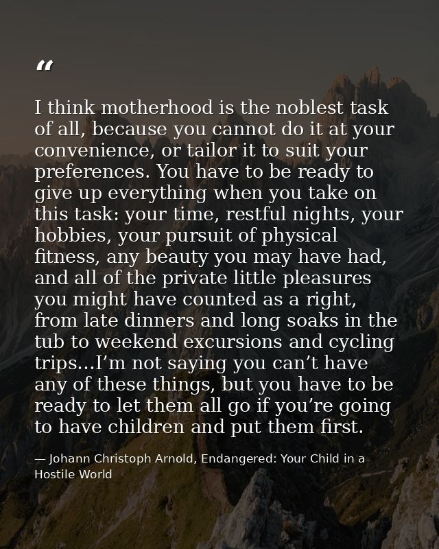 I think motherhood is the noblest task of all, because you cannot do it at your convenience, or tailor it to suit your p — Johann Christoph Arnold, Endangered: Your Child in a Hostile World