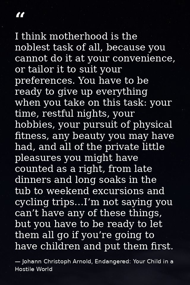I think motherhood is the noblest task of all, because you cannot do it at your convenience, or tailor it to suit your p — Johann Christoph Arnold, Endangered: Your Child in a Hostile World