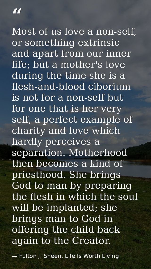 Most of us love a non-self, or something extrinsic and apart from our inner life; but a mother's love during the time sh — Fulton J. Sheen, Life Is Worth Living