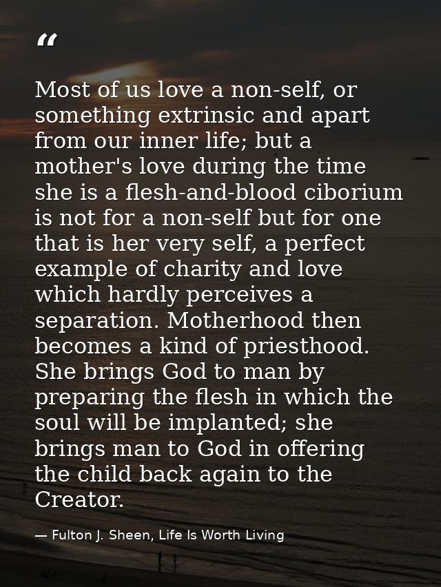 Most of us love a non-self, or something extrinsic and apart from our inner life; but a mother's love during the time sh — Fulton J. Sheen, Life Is Worth Living