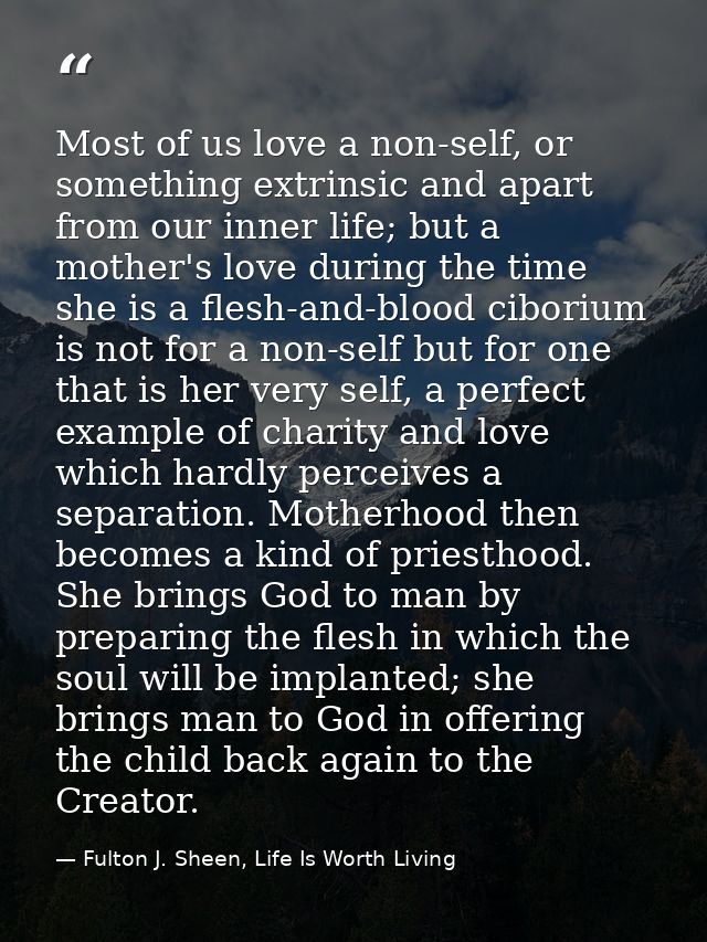 Most of us love a non-self, or something extrinsic and apart from our inner life; but a mother's love during the time sh — Fulton J. Sheen, Life Is Worth Living