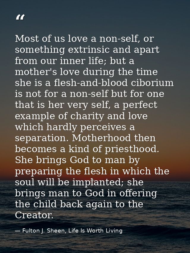 Most of us love a non-self, or something extrinsic and apart from our inner life; but a mother's love during the time sh — Fulton J. Sheen, Life Is Worth Living