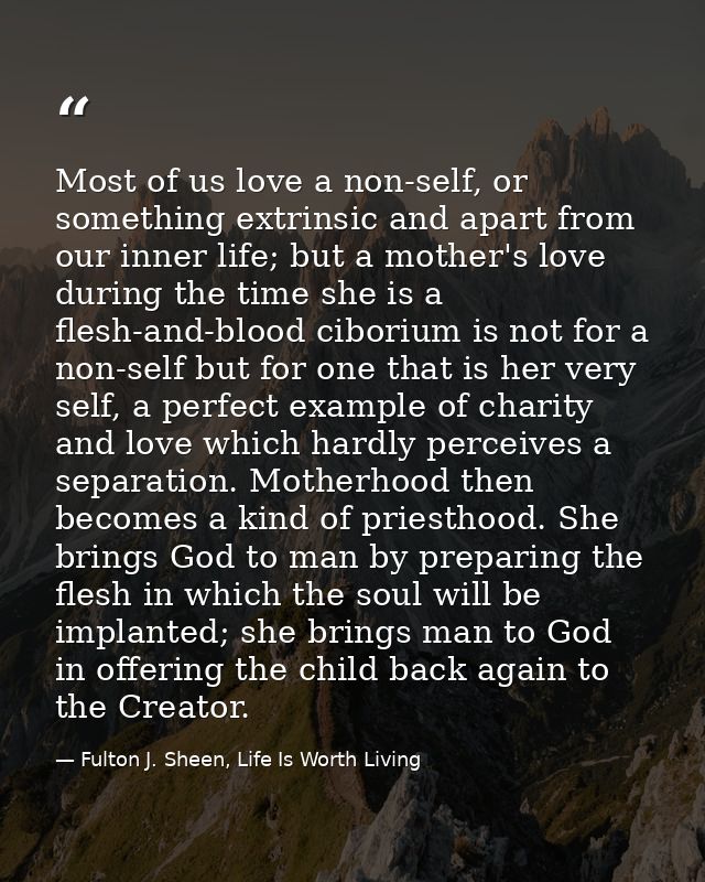 Most of us love a non-self, or something extrinsic and apart from our inner life; but a mother's love during the time sh — Fulton J. Sheen, Life Is Worth Living