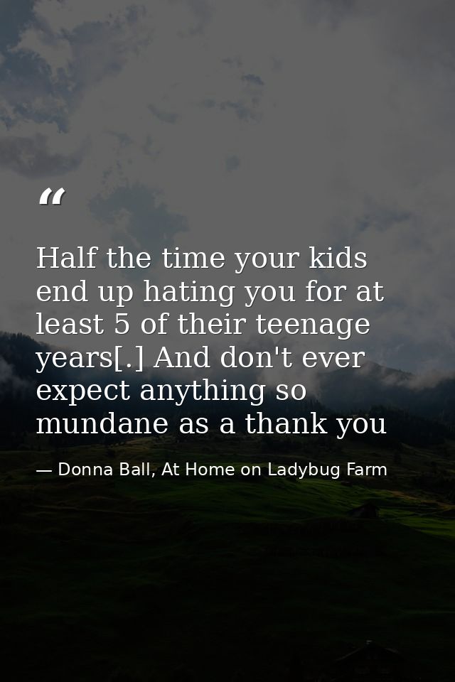 Half the time your kids end up hating you for at least 5 of their teenage years[.] And don't ever expect anything so mun — Donna Ball, At Home on Ladybug Farm