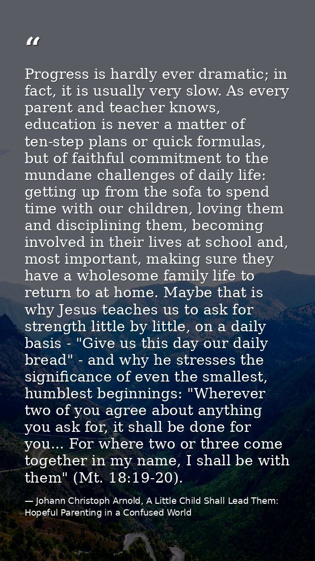 Progress is hardly ever dramatic; in fact, it is usually very slow. As every parent and teacher knows, education is neve — Johann Christoph Arnold, A Little Child Shall Lead Them: Hopeful Parenting in a Confused World