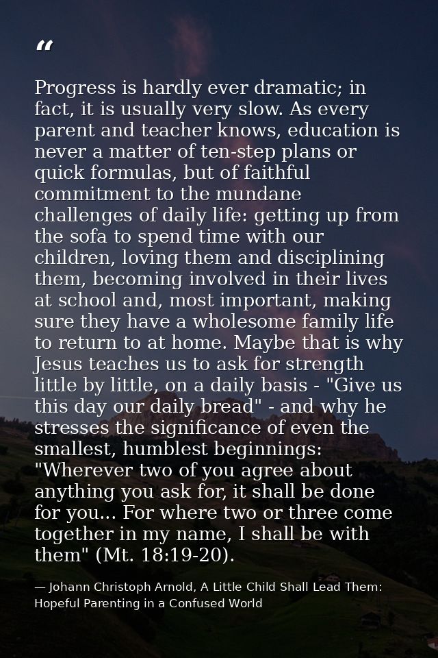 Progress is hardly ever dramatic; in fact, it is usually very slow. As every parent and teacher knows, education is neve — Johann Christoph Arnold, A Little Child Shall Lead Them: Hopeful Parenting in a Confused World