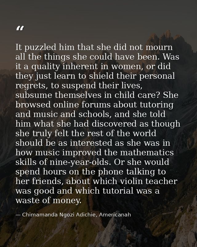 It puzzled him that she did not mourn all the things she could have been. Was it a quality inherent in women, or did the — Chimamanda Ngozi Adichie, Americanah