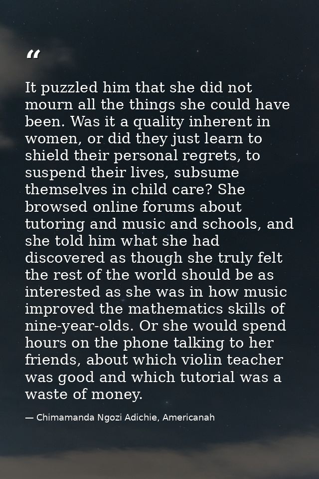 It puzzled him that she did not mourn all the things she could have been. Was it a quality inherent in women, or did the — Chimamanda Ngozi Adichie, Americanah