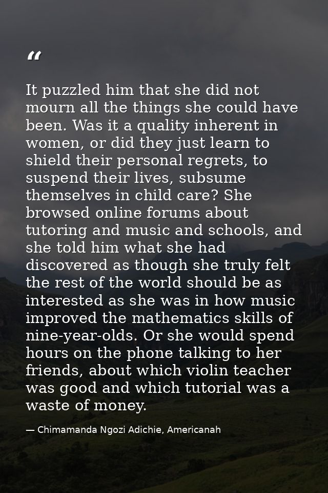 It puzzled him that she did not mourn all the things she could have been. Was it a quality inherent in women, or did the — Chimamanda Ngozi Adichie, Americanah