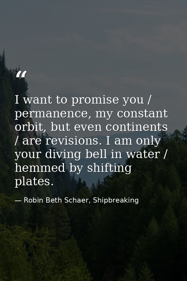 I want to promise you / permanence, my constant orbit, but even continents / are revisions. I am only your diving bell i — Robin Beth Schaer, Shipbreaking