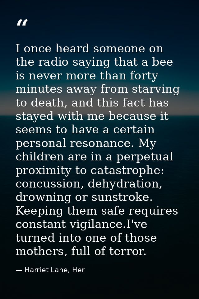 I once heard someone on the radio saying that a bee is never more than forty minutes away from starving to death, and th — Harriet Lane, Her