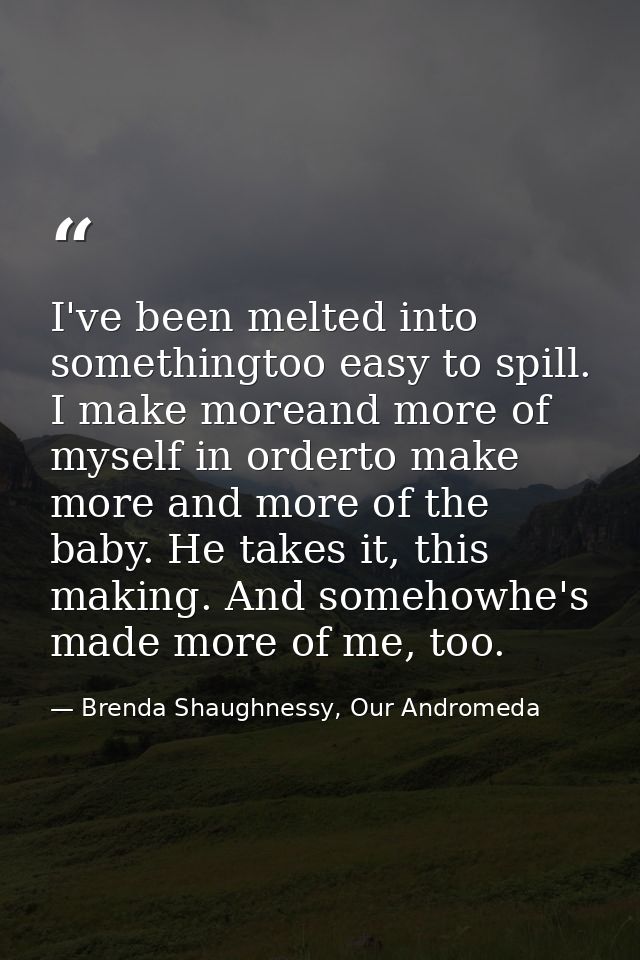I've been melted into somethingtoo easy to spill. I make moreand more of myself in orderto make more and more of the bab — Brenda Shaughnessy, Our Andromeda