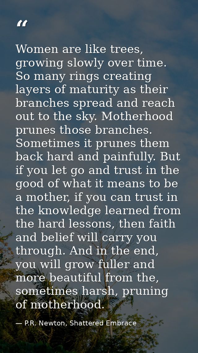 Women are like trees, growing slowly over time. So many rings creating layers of maturity as their branches spread and r — P.R. Newton, Shattered Embrace