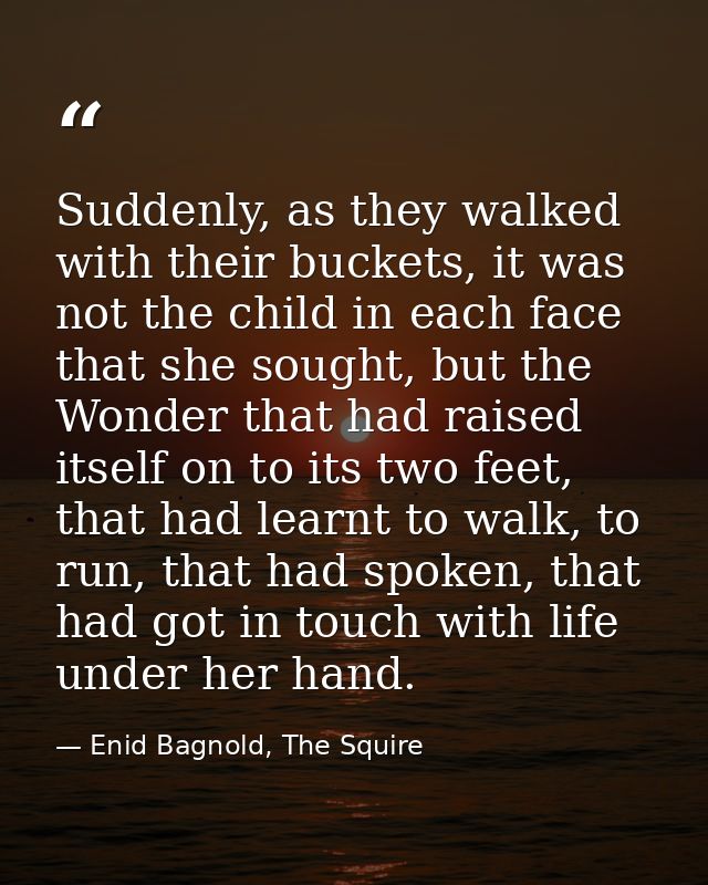 Suddenly, as they walked with their buckets, it was not the child in each face that she sought, but the Wonder that had  — Enid Bagnold, The Squire