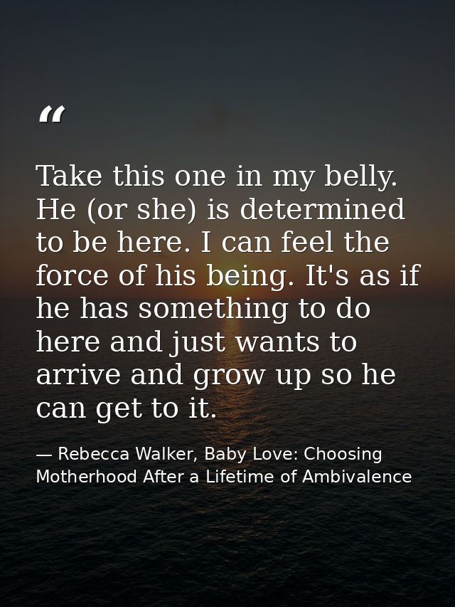 Take this one in my belly. He (or she) is determined to be here. I can feel the force of his being. It's as if he has so — Rebecca Walker, Baby Love: Choosing Motherhood After a Lifetime of Ambivalence