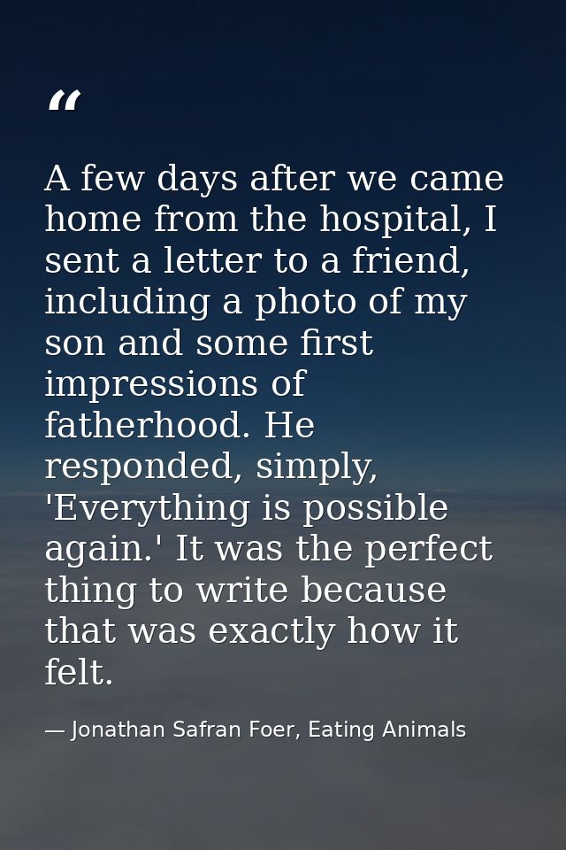 A few days after we came home from the hospital, I sent a letter to a friend, including a photo of my son and some first — Jonathan Safran Foer, Eating Animals