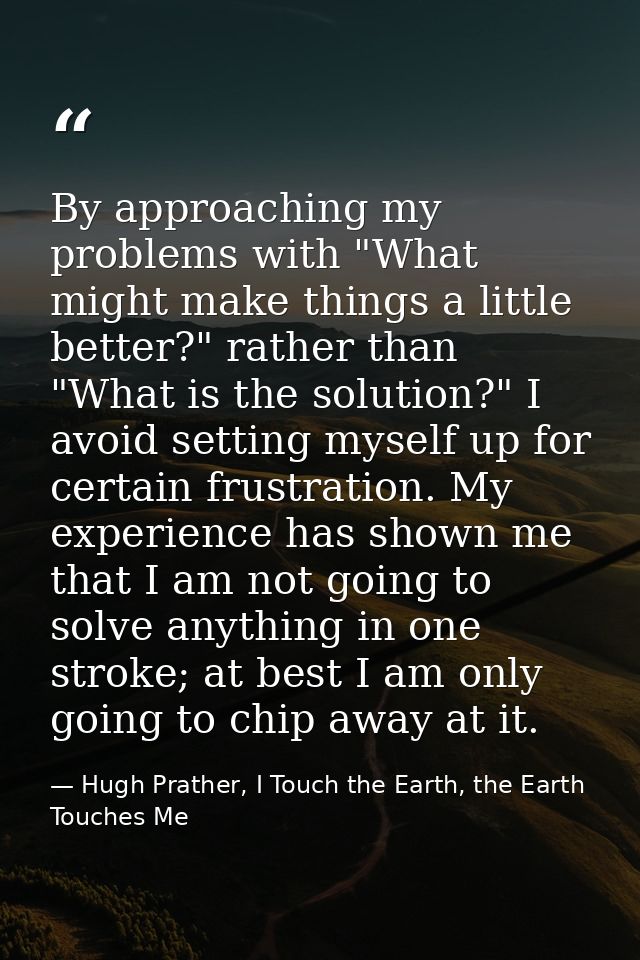 By approaching my problems with "What might make things a little better?" rather than "What is the solution?" I avoid se — Hugh Prather, I Touch the Earth, the Earth Touches Me