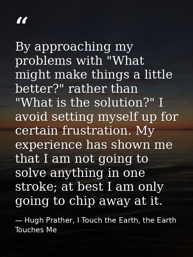 By approaching my problems with "What might make things a little better?" rather than "What is the solution?" I avoid se — Hugh Prather, I Touch the Earth, the Earth Touches Me