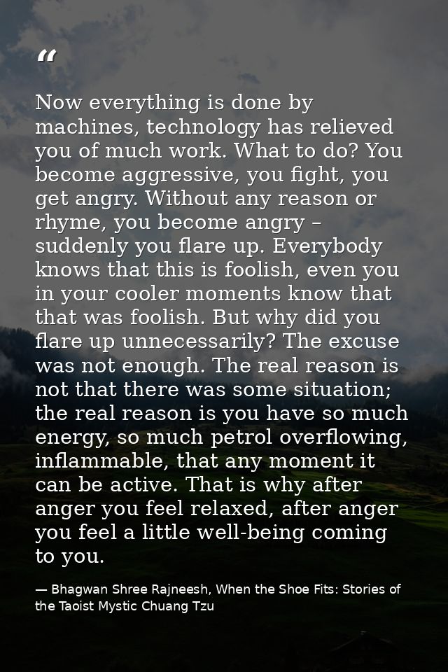 Now everything is done by machines, technology has relieved you of much work. What to do? You become aggressive, you fig — Bhagwan Shree Rajneesh, When the Shoe Fits: Stories of the Taoist Mystic Chuang Tzu