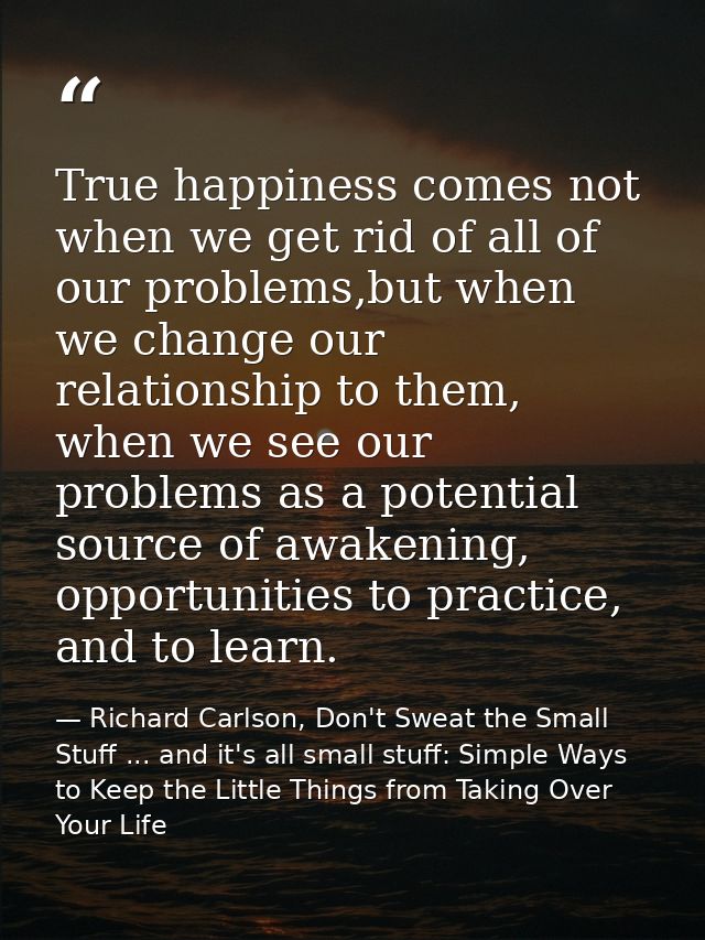 True happiness comes not when we get rid of all of our problems,but when we change our relationship to them, when we see — Richard Carlson, Don't Sweat the Small Stuff ... and it's all small stuff: Simple Ways to Keep the Little Things from Taking Over Your Life