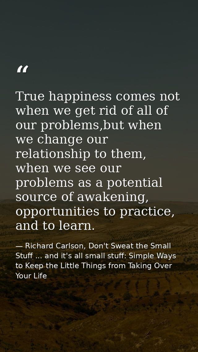 True happiness comes not when we get rid of all of our problems,but when we change our relationship to them, when we see — Richard Carlson, Don't Sweat the Small Stuff ... and it's all small stuff: Simple Ways to Keep the Little Things from Taking Over Your Life