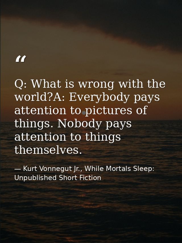 Q: What is wrong with the world?A: Everybody pays attention to pictures of things. Nobody pays attention to things thems — Kurt Vonnegut Jr., While Mortals Sleep: Unpublished Short Fiction
