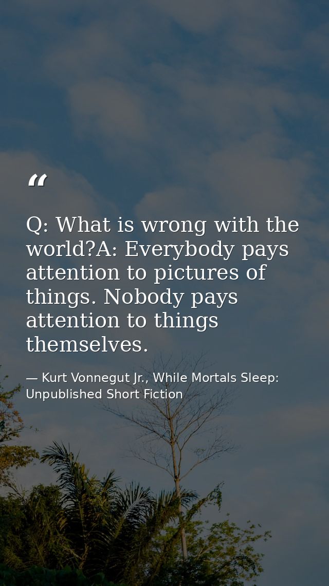 Q: What is wrong with the world?A: Everybody pays attention to pictures of things. Nobody pays attention to things thems — Kurt Vonnegut Jr., While Mortals Sleep: Unpublished Short Fiction
