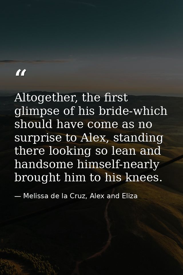 Altogether, the first glimpse of his bride-which should have come as no surprise to Alex, standing there looking so lean — Melissa de la Cruz, Alex and Eliza