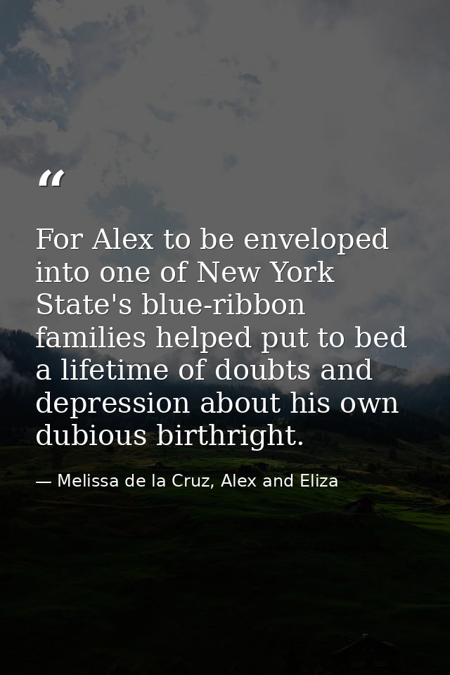 For Alex to be enveloped into one of New York State's blue-ribbon families helped put to bed a lifetime of doubts and de — Melissa de la Cruz, Alex and Eliza