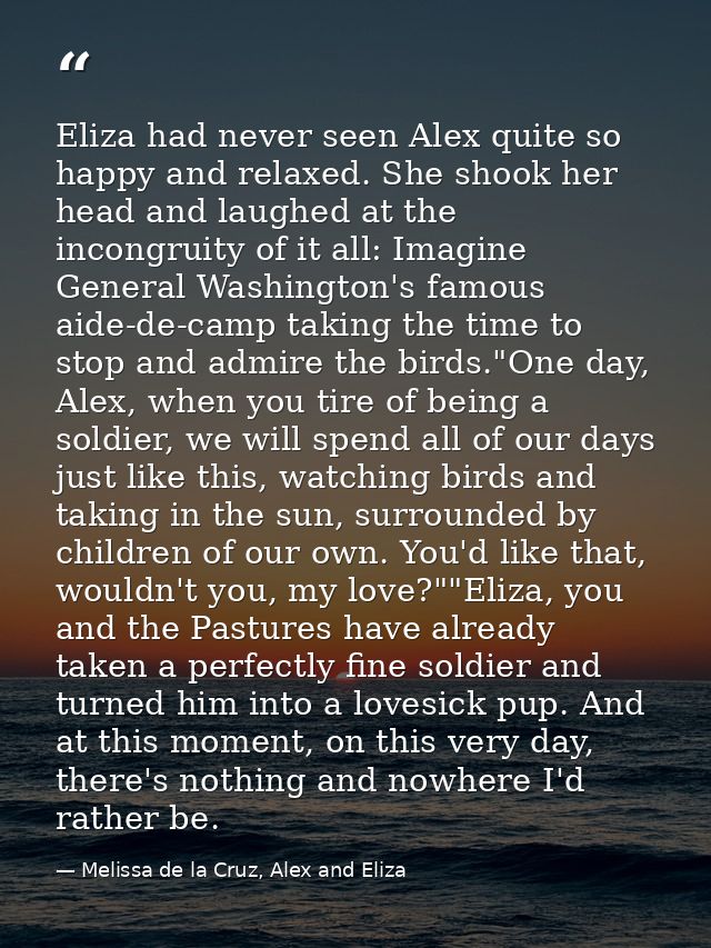 Eliza had never seen Alex quite so happy and relaxed. She shook her head and laughed at the incongruity of it all: Imagi — Melissa de la Cruz, Alex and Eliza
