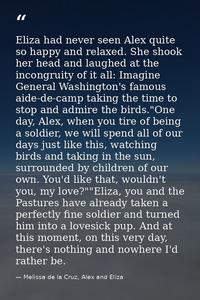 Eliza had never seen Alex quite so happy and relaxed. She shook her head and laughed at the incongruity of it all: Imagi — Melissa de la Cruz, Alex and Eliza