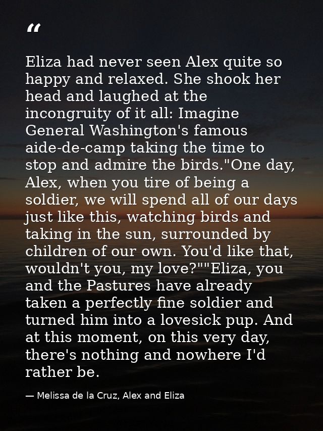 Eliza had never seen Alex quite so happy and relaxed. She shook her head and laughed at the incongruity of it all: Imagi — Melissa de la Cruz, Alex and Eliza