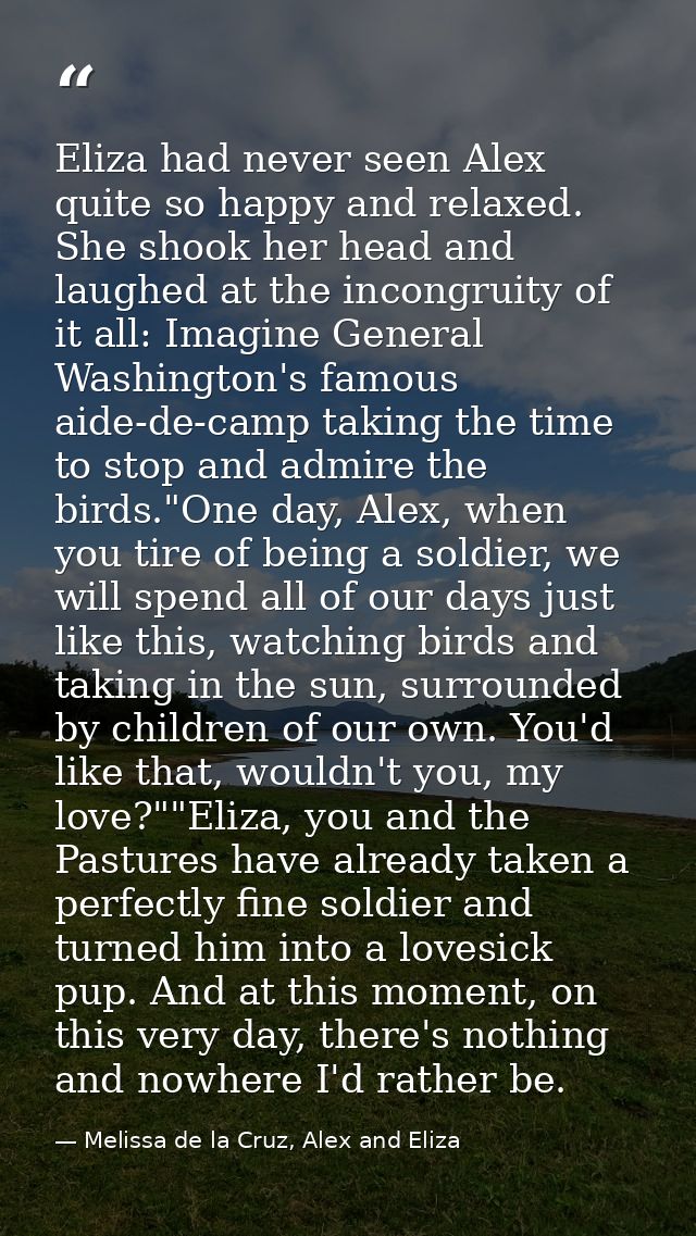 Eliza had never seen Alex quite so happy and relaxed. She shook her head and laughed at the incongruity of it all: Imagi — Melissa de la Cruz, Alex and Eliza