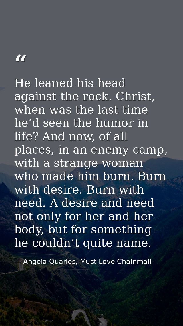 He leaned his head against the rock. Christ, when was the last time he’d seen the humor in life? And now, of all places, — Angela Quarles, Must Love Chainmail