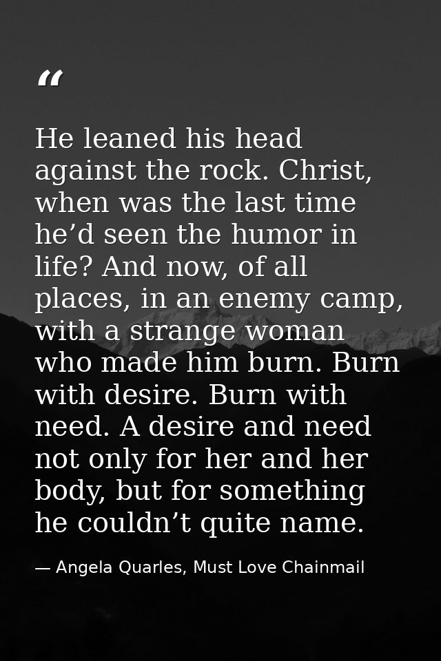 He leaned his head against the rock. Christ, when was the last time he’d seen the humor in life? And now, of all places, — Angela Quarles, Must Love Chainmail