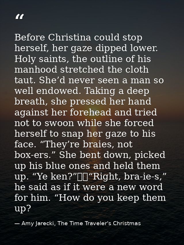 Before Christina could stop herself, her gaze dipped lower. Holy saints, the outline of his manhood stretched the cloth  — Amy Jarecki, The Time Traveler's Christmas