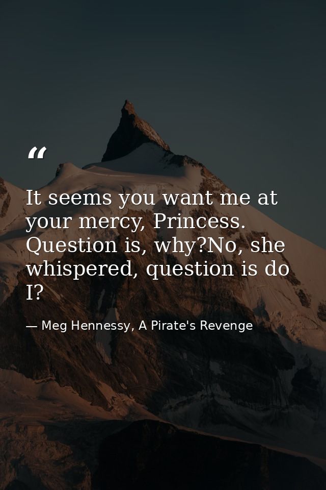 It seems you want me at your mercy, Princess. Question is, why?No, she whispered, question is do I? — Meg Hennessy, A Pirate's Revenge
