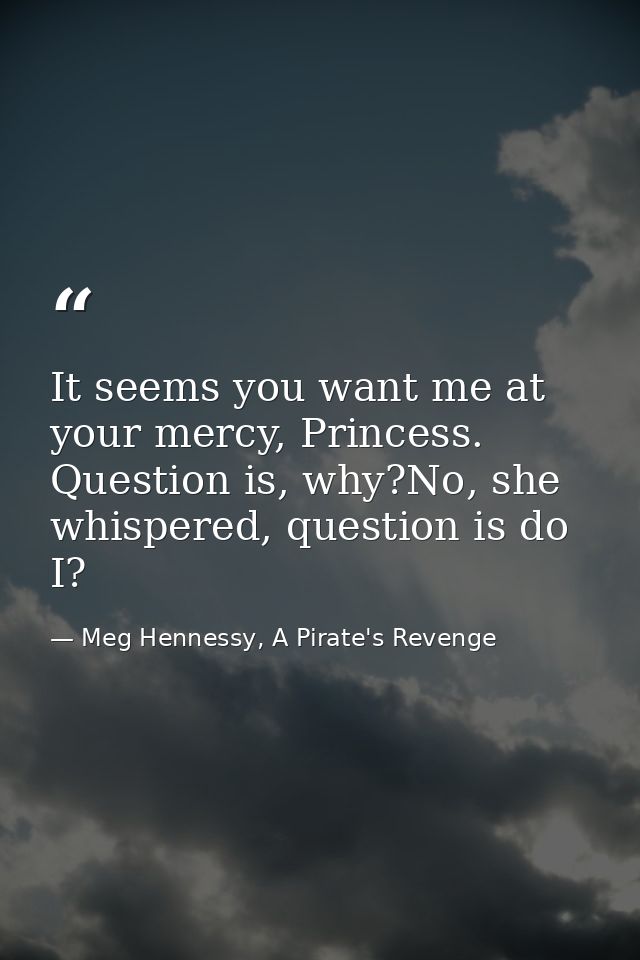 It seems you want me at your mercy, Princess. Question is, why?No, she whispered, question is do I? — Meg Hennessy, A Pirate's Revenge