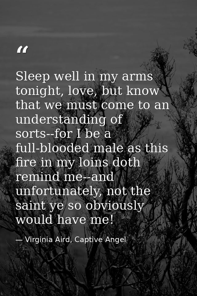 Sleep well in my arms tonight, love, but know that we must come to an understanding of sorts--for I be a full-blooded ma — Virginia Aird, Captive Angel