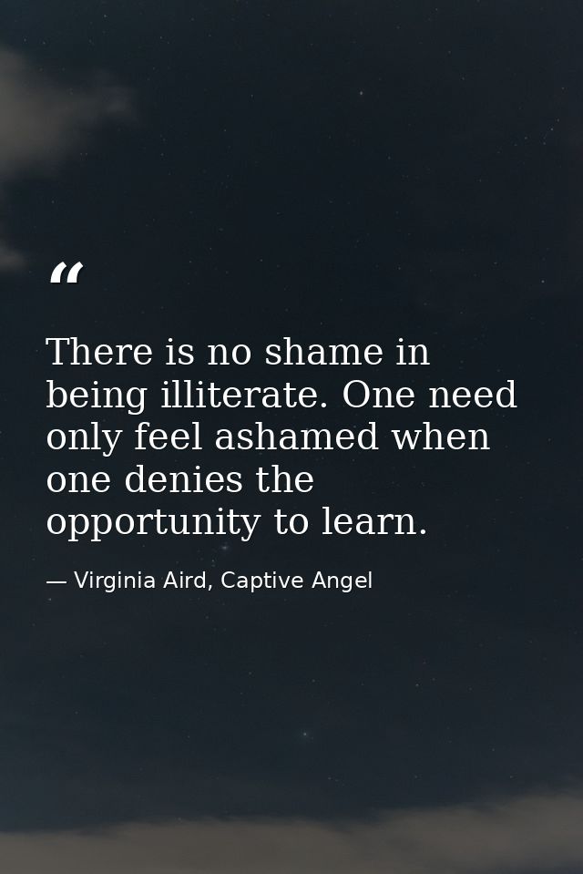 There is no shame in being illiterate. One need only feel ashamed when one denies the opportunity to learn. — Virginia Aird, Captive Angel
