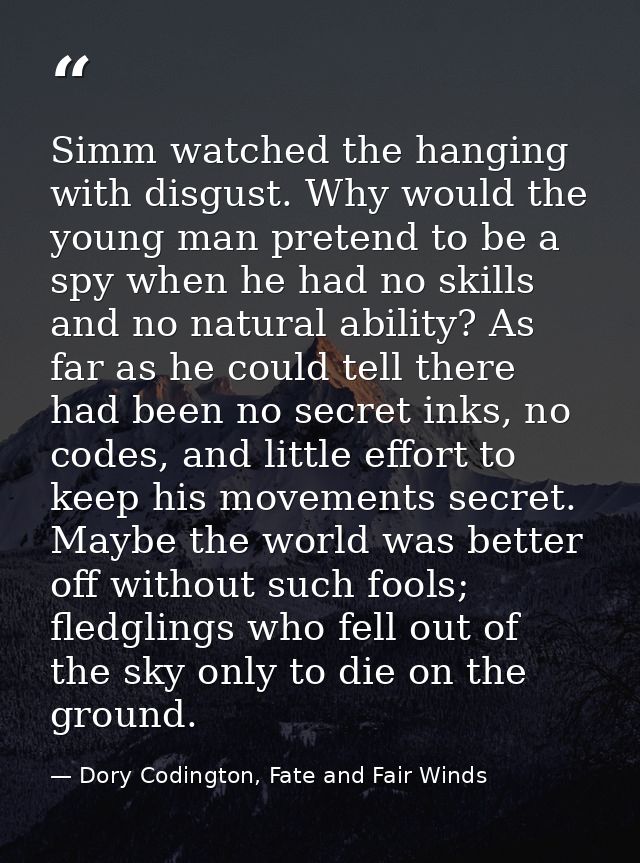 Simm watched the hanging with disgust. Why would the young man pretend to be a spy when he had no skills and no natural  — Dory Codington, Fate and Fair Winds