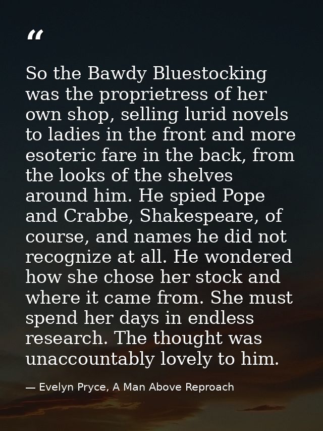 So the Bawdy Bluestocking was the proprietress of her own shop, selling lurid novels to ladies in the front and more eso — Evelyn Pryce, A Man Above Reproach
