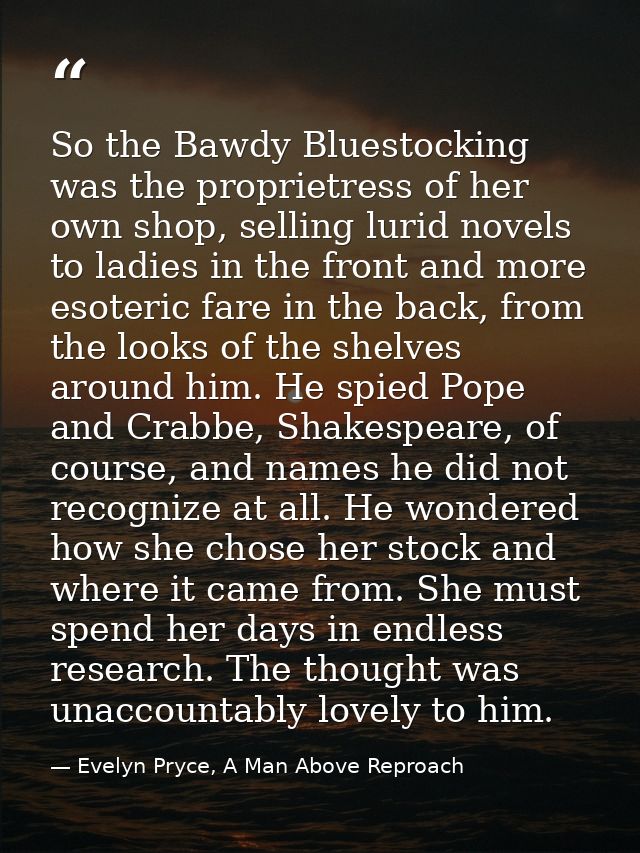 So the Bawdy Bluestocking was the proprietress of her own shop, selling lurid novels to ladies in the front and more eso — Evelyn Pryce, A Man Above Reproach