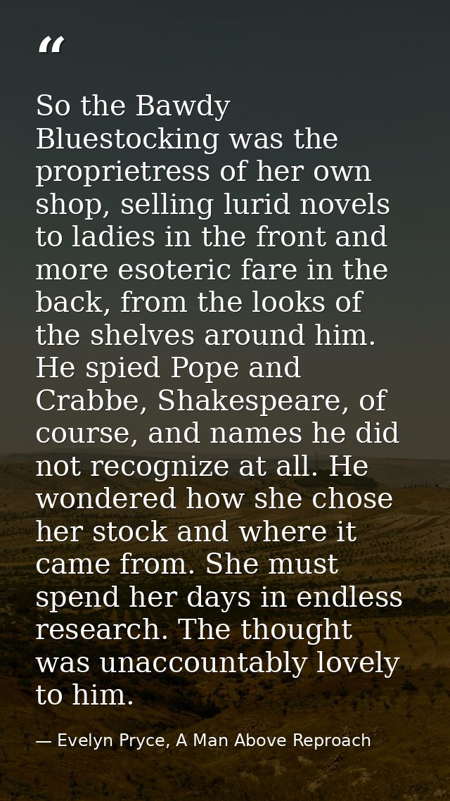 So the Bawdy Bluestocking was the proprietress of her own shop, selling lurid novels to ladies in the front and more eso — Evelyn Pryce, A Man Above Reproach